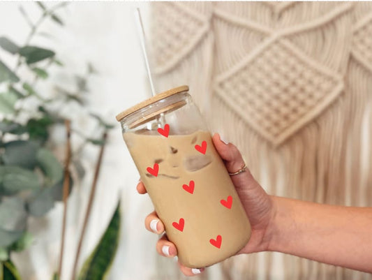 Heart Iced Coffee Glass Cup | Soda Can Glasses 16 Oz Beer Can Glasses with Pink Hearts | Reusable Straw Mason Jar, Gift for Her, Birthday